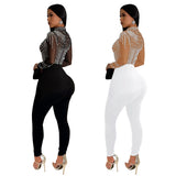 Zingj Fashion Women's Pure Color Mesh Hot Diamond Long Sleeve Trousers