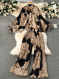 American Fashion Senior Suits Bow Collar Batwing Sleeve Top+Pleated Long Pant 2023 Women Casual Loose Printed