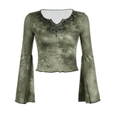 Zingj Print Tie-Dye Color Long-Sleeved T-Shirt New V-Neck Y2K Crop