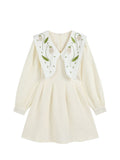 Dress Long Sleeve Embroidery Chic Peter Pan Collar Mini Dresses Female Vintage Elegant High Waist A-line Frocks