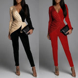 New Women Sexy Colorblock Sequins Velvet Ruched Long Sleeve Jumpsuit Casual Long Skinny Pants Work