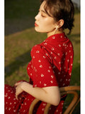 Office Lady A-line Women's Retro French Lapel Red Casual Dress 2021 Summer New Clothes For