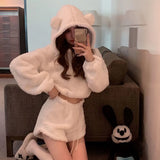 Autumn Winter Women's Plush Sweater Slim Retro Fashion Thickened Short High Waisted Bear Hooded Top and Short