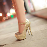 Gold Silver Platform Women Heels Sequined Chunky High Heel Pumps Summer Party Wedding Lady