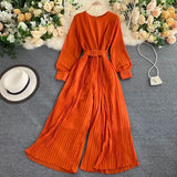 2021 New Autumn Elegant Solid Jumpsuits Women Office Lady Long Sleeve With Belt O Neck Pleated Wide Leg