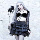 Gothic Sext Velvet Ruffle T Shirt Y2K Grunge Aesthetic Black Chiffon Flare Sleeve Lace Up Tops Punk Retro Harajuku Crop