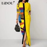 Summer New Elegant Printed Patchwork Pocket Slim Slit Long Dress Women Short Sleeve Evening Party Robe Dresses