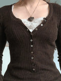 Lace Paneled Button Long Sleeve Knit Top- Outfit