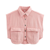 Women's Dress 2025 Solid Color Big Pocket Sleeveless High-End Feel Cardigan Polo Collar Denim Shirt Top