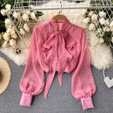 Spring New Blouse Sweet Pure V-neck Bow Puff Sleeve Fashion Printing Loose Versatile Chiffon Shirt