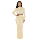 Zingj Fashion Women's Mesh Hot Drill Perspective Long-Sleeve Dress Two-Piece