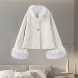 Feather Collar Cape Rhinestone Buttoned Coat-Outfit