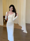 Vintage Chain Square Neck Long Sleeves Midi Dresses for Women 2023 Autumn New Sexy Bodycon Evening Party Female