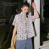 White Summer Butterfly Shirt For Women Tie Front Top Short Sleeve Kawaii Collared Shirt Blouses Korean Fashion