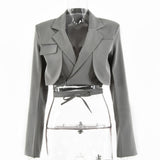 Gray Double Layer Bandage Slim Blazer Women Long Sleeve Pocket Short Jacket Female Notched Collar Outwear Tops 2021