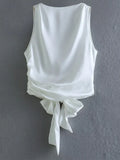 Women Fashion With Bow Solid Pleated Backless Cropped Tank Tops Vintage O-Neck Sleeveless Female Chic Lady