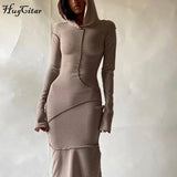 Long Sleeve Hooded Patchwork Skinny Maxi Dress Autumn Winter Women Fashion Streetwear Casual