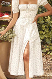 Floral Print Summer Dress Women Puff Sleeve Square Collar Elegant Split Sexy Cotton Long Party Dress Casual Boho Beach