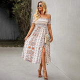 Elegant Floral Print Hem Split Dresses Women Summer Dress 2022 New Boho Holiday Slash Neck Short Sleeve Swing Midi
