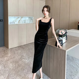 Backless Vintage Luxury Velvet Midi Dresses for Women 2023 Autumn Winter Fashion Slim Split Female Clothing Elegant