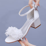 Cm Square Heel Sandals Light Mouth A Word With Coarse Heel Sandals White Flowers Color Lactin Ribbon Bridal Wedding