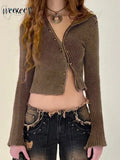 Grunge Knitted Crop Top y2k Full Sleeve Skinny Asymmetric Zip Up Vintage T Shirt Harajuku Retro Women Clothing Fall