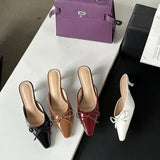 New Bows Fine Heels Large-Size Wine Red Wear Slippers Retro Tip