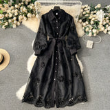 Zingj Style Dress Women's 2024 New Heavy Industry Embroidery Hollowed-Out Flower Buckle Slim Medium-Long Bubble Sleeve