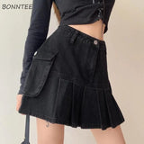 Women Folds Denim Mini Sexy Kawaii Streetwear Korean Style Chic Casual A-Line Vintage Fashionable Harajuku Sweet