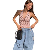 Summer Women's New Hottie Sexy Black Wave Dot Print Spread Out Back V Collar Hanging Neck Tight