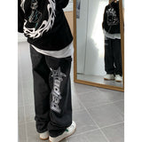 street clothing retro trend pocket jeans female letter star print high waist casual oversized straight pants