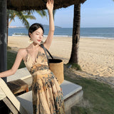 Zingj Retro Halter Dress Female V Collar Small Back Hollow Show Thin Holiday Fairy Skirt