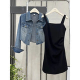 Zingj Cowboy Short Coat Female Spring And Autumn New Korean Version Of The Long Condole Belt Dress With Short Denim Jacket-Outfit