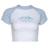 Angel Print Short Sleeve Patchwork Crop Top 2021 Summer Women Sexy Skinny T shirt Female Streetwear Tee