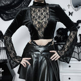 Autumn New Lace Horn Sleeve Blouse Dark Sexy Perspective Women's Slim Long