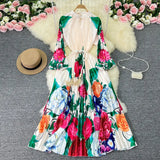 Zingj Luxury Retro French Round Collar Lantern Long Sleeve Print Dress Women's Belt With Loose Waist Show Thin Pleated