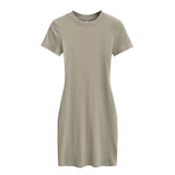 Zingj Trendy Women's Dress With Round Neck And Short Sleeves Is A New Slim And Pure Color Waist-Hip Skirt In