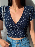 Crop Top T-shirt Y2K Vintage Bloemen Vrouwen Cropped Slim Korte Mouw V-hals Sexy Zomer Tee Shirt Koreaanse 2022