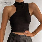 2021 Turtleneck Crop Top Knitted Women Brown Casual Summer Basic T Shirts Sexy Off Shoulder Black Sleeveless Tank