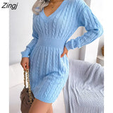 Fashion Twist Knit Sweater Dress for Women Autumn Dresses 2022 New Winter V-neck Full Sleeve Waist Pack Hip Mini