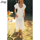 Backless Cross-Tie Dress Women Summer Dress 2022 New Cotton Solid V-Neck Short Puff Sleeves Lace-up Slim A-line Long