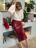 Bodycon PU Leather Zipper Split Midi Skirt- Outfit