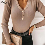 PETAL Ribbed V-Neck Buttoned Sweater For Women Casual Long Sleeve Pullovers Top 2023 Autumn Winter Knitwear