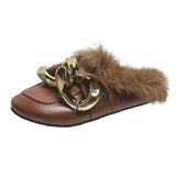 Real Fur Metal Chain Mules Women Shoes Loafers Round Toe Casual Shoes Women Furry Slides Fluffy Hairy Flip