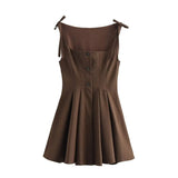 Brown Gingham Tie Up Square Neck Pleated Mini Dress- Outfit