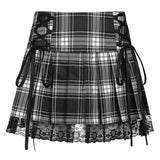 Tie Up Harajuku Gothic Checkered Mini Skirt Ladies Fashion Aesthetic Punk Plaid Pleated High Waisted Short