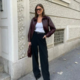 Burgundy Pu Leather Zipper Biker Jacket- Outfit