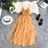 New Women Tulle Dress Summer Mesh Dress High Waist Hem Asymmetrical Pleated Fairy Dress Female Slim Mesh