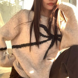 Zingj New 2024 Korean Version Of The Versatile Design Bow Knit Loose Soft Waxy Round Collar Sweater-Outfit