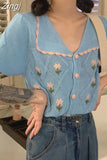 Women Knitted Floral Designer Vintage Elegant Korean Style College Trendy Popular Holiday Tops All-match Soft